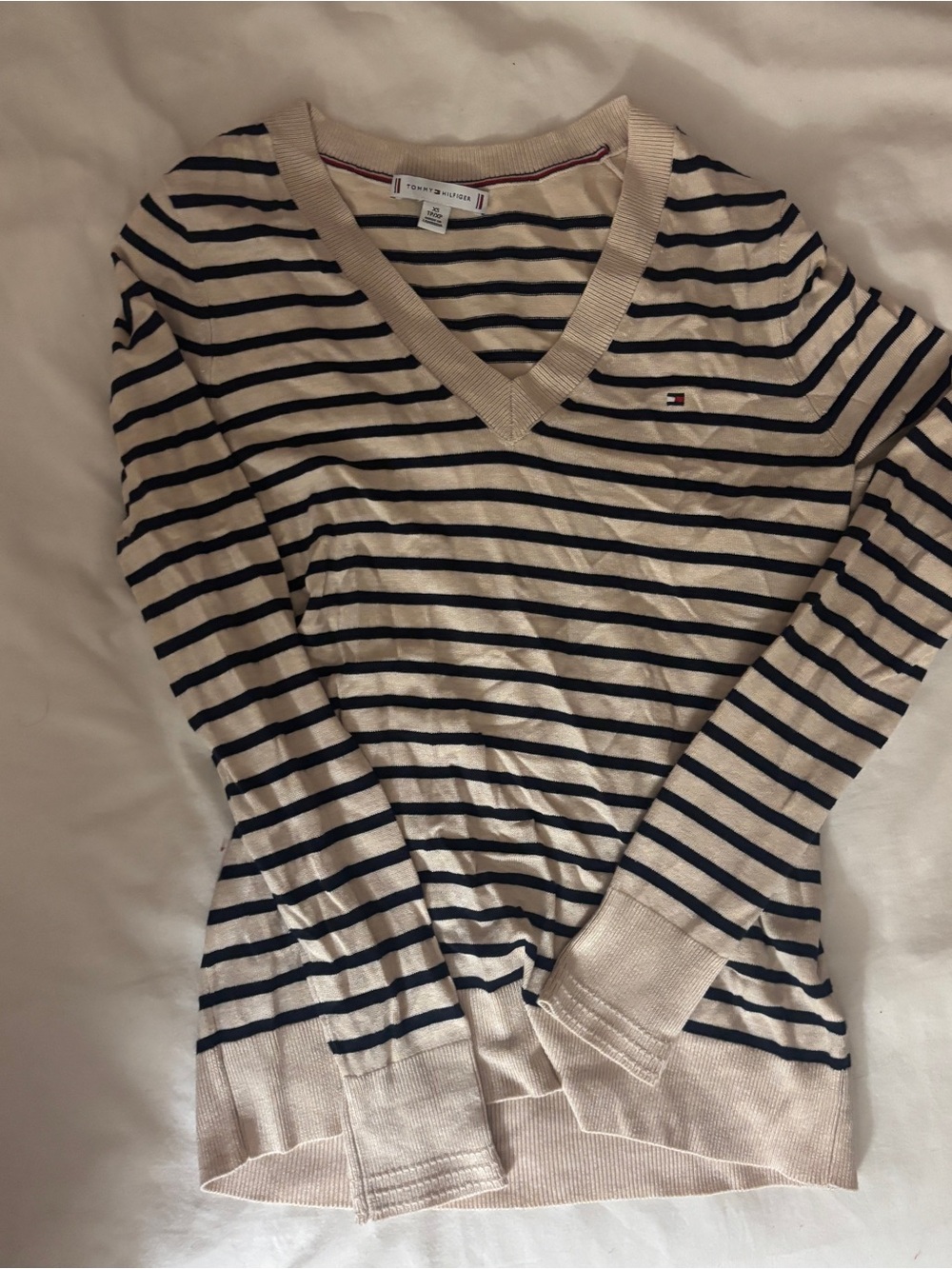Tommy Hilfiger Cream and Navy Striped V-Neck Sweater